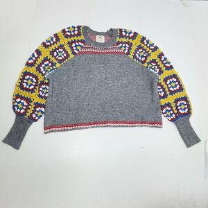 Panache Oversized Cropped Crochet Sleeve Sweater Size Small Granny Square Boho